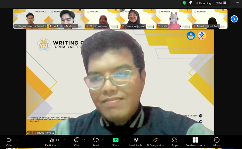 Tangkapan layar sesi Writing Class KUBUS dengan Reviewer Scopus Q3, Farhan Akmala sebagai pembicara utama, menampilkan topik "From Idea to Publication: Writing to Contribute to the Advancement of Science."