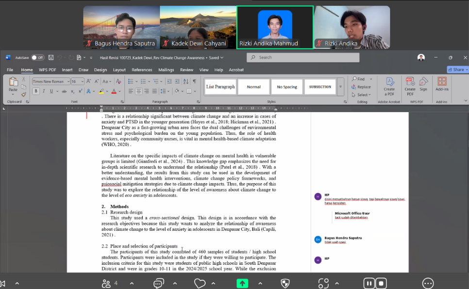 Tangkapan layar Zoom Workplace yang menampilkan proses revisi artikel ilmiah berjudul "Climate Change Awareness" dengan kolom komentar dari mentor Bagus Hendra Saputra, serta panel peserta yang menunjukkan Bagus Hendra Saputra, Kadek Dewi Cahyani, dan Rizki Andika Mahmud.